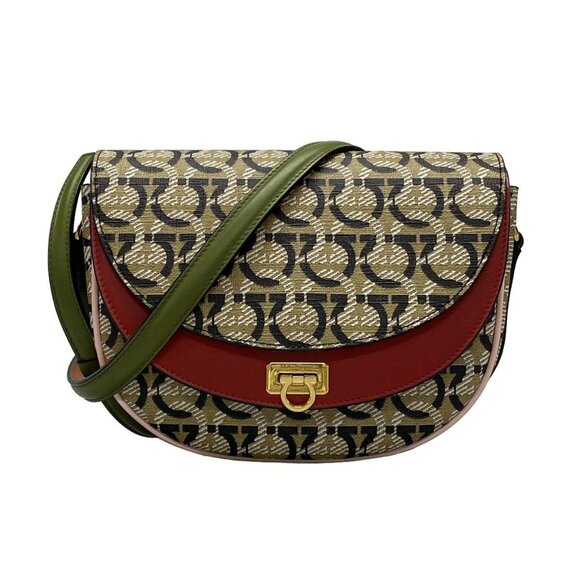 Auth Salvatore Ferragamo Gancini 21H986 Beige Red Multi PVC Leather - Picture 1 of 16